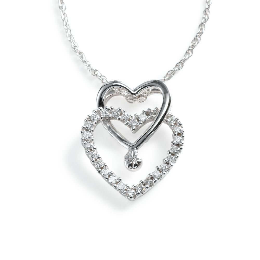 Double Heart with Diamond Pendant, 14KW Gold