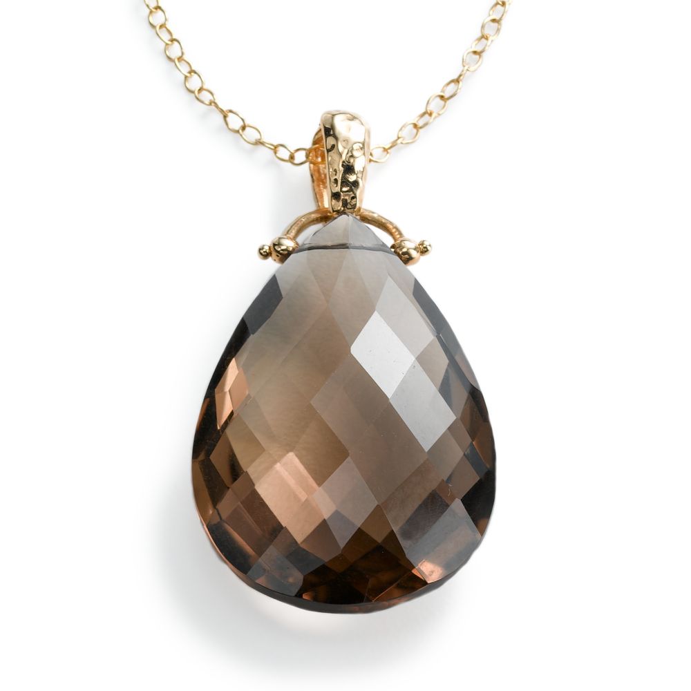 Smokey Quartz Teardrop Pendant, 14KY Gold