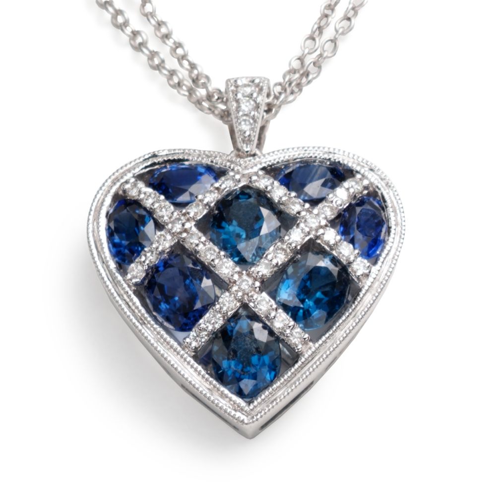 Sapphire & Diamond Heart Pendant, 14KW Gold