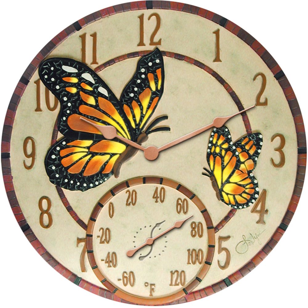 Mosaic Butterflies Clock with Thermometer