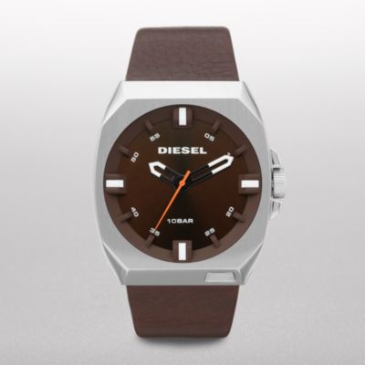 ANALOG DZ1544 This style features a stainless steel case with a brown sunray dial. A dark brown leather strap completes the look.