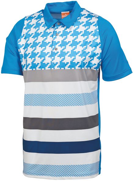 PUMA Men's Blue Aster Duo-Swing Houndstooth Short Sleeve Polo