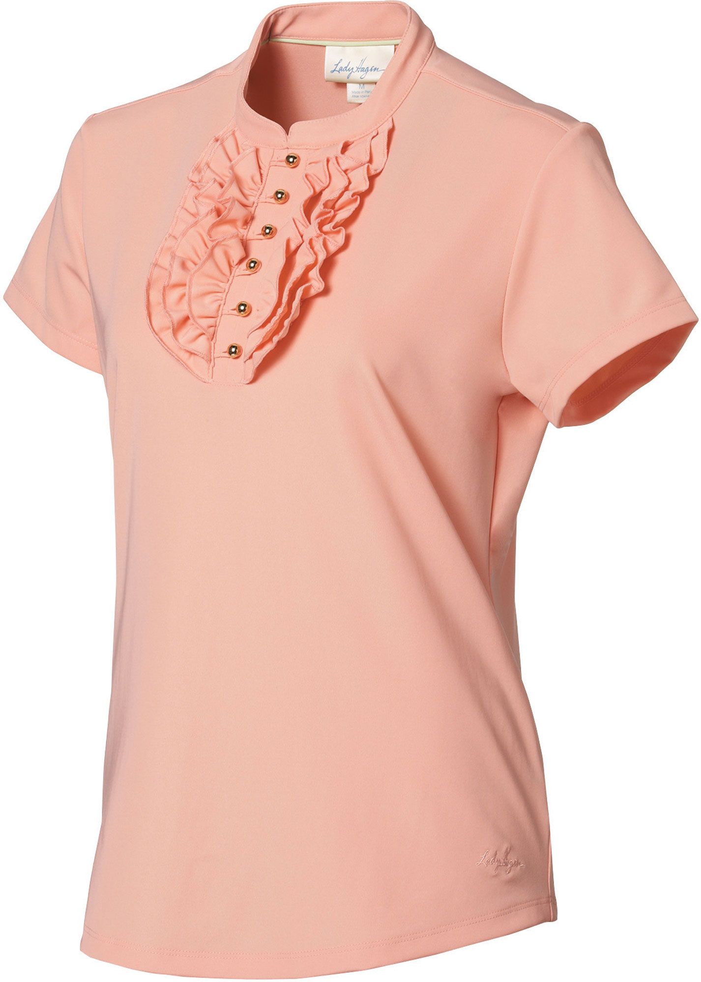 Lady Hagen Collection Women's Mandarin Ruffle Short Sleeve Polo
