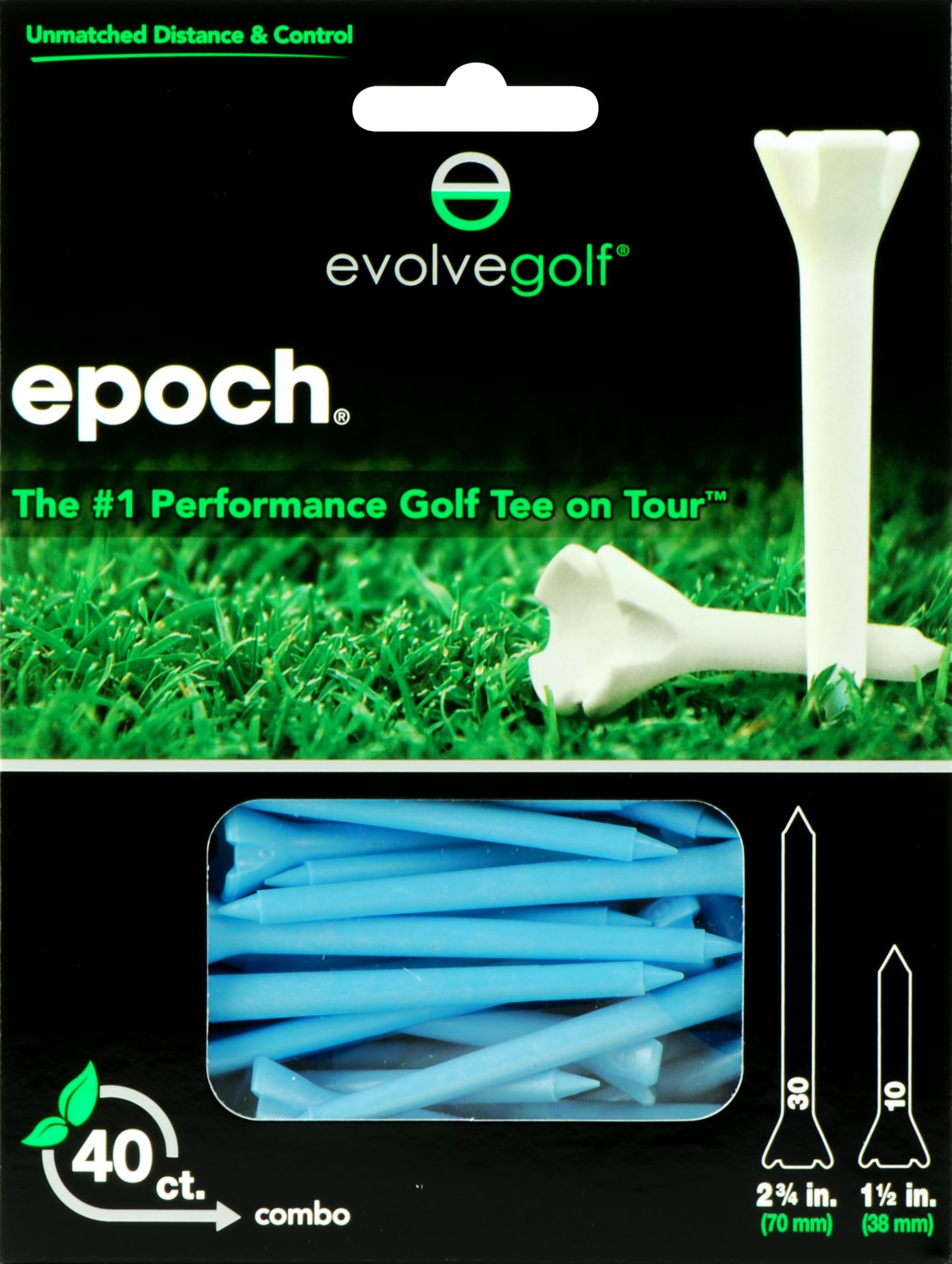 Evolve Golf Epoch Combo Pack 1 1/2" & 2 3/4" Blue Golf Tees - 40 Count