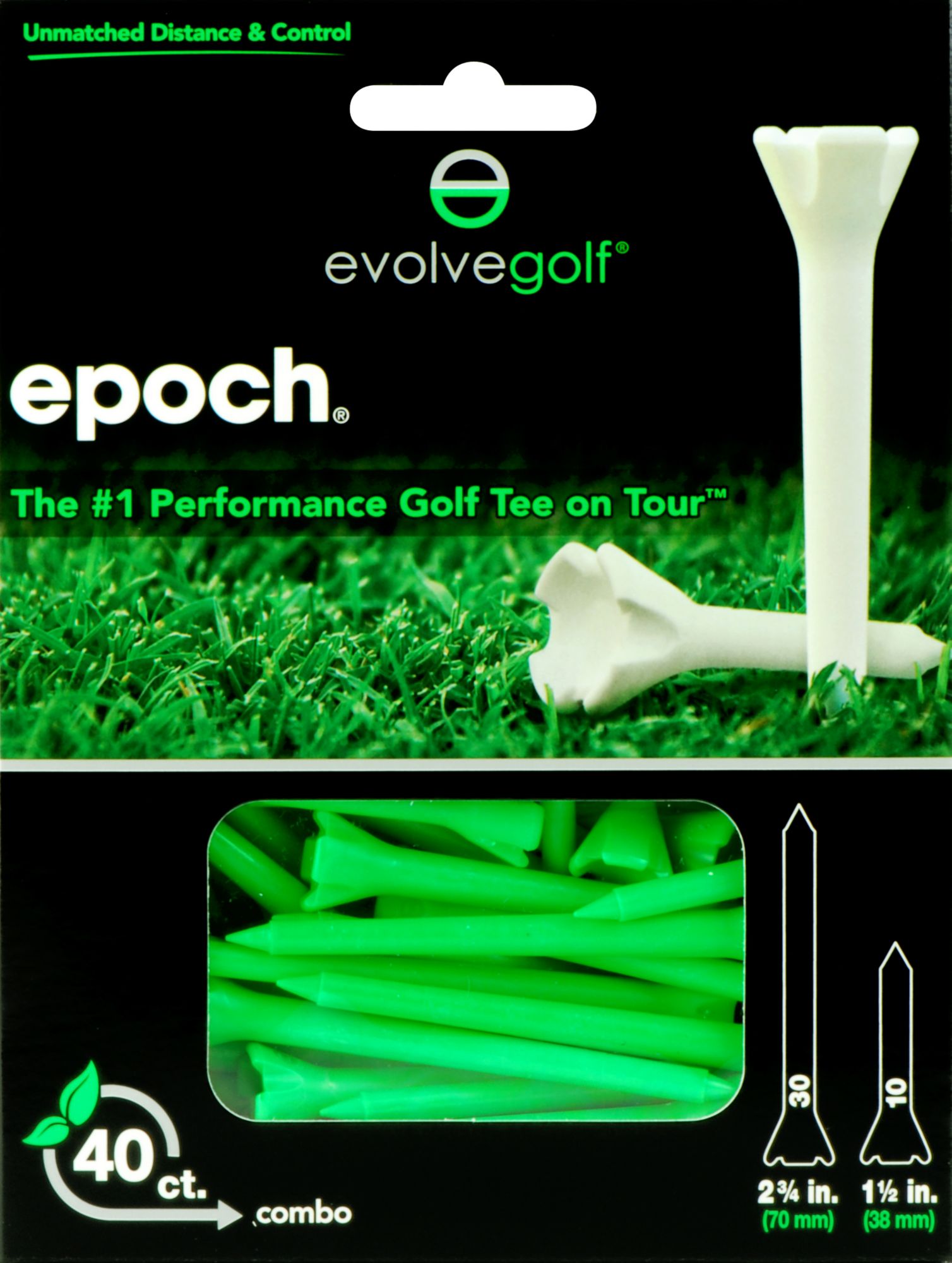 Evolve Golf Epoch Combo Pack 1 1/2" & 2 3/4" Green Golf Tees - 40 Count