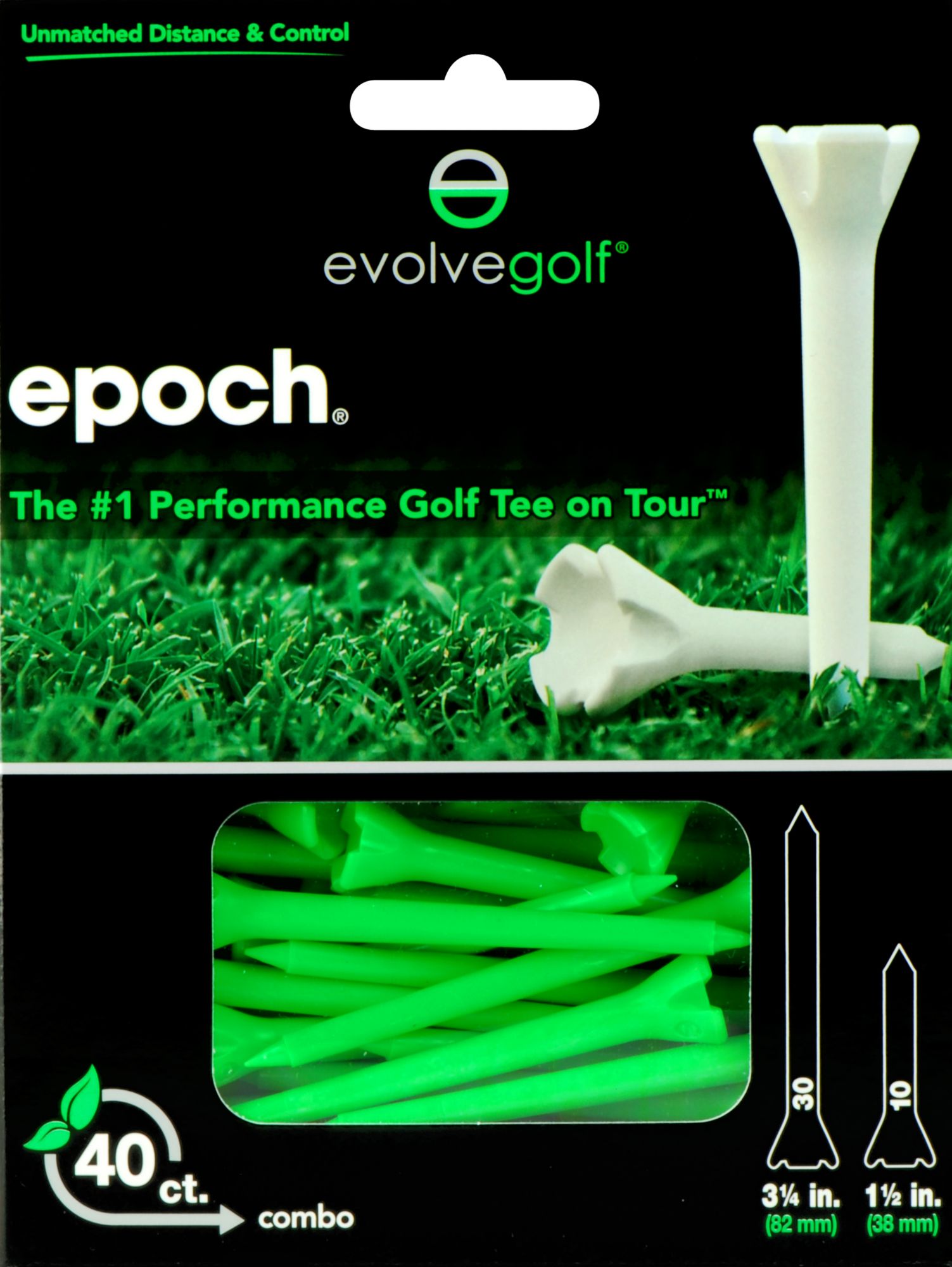 Evolve Golf Epoch Combo Pack 1 1/2" & 3 1/4" Green Golf Tees - 40 Count
