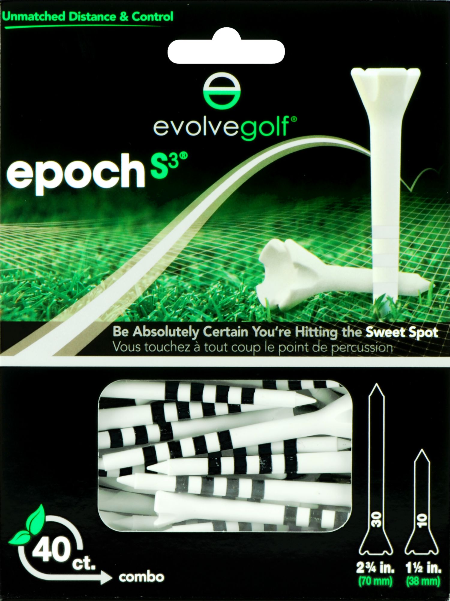 Evolve Golf Epoch S3 Combo Pack 1 1/2" & 2 3/4" White/Black Golf Tees - 40 Count