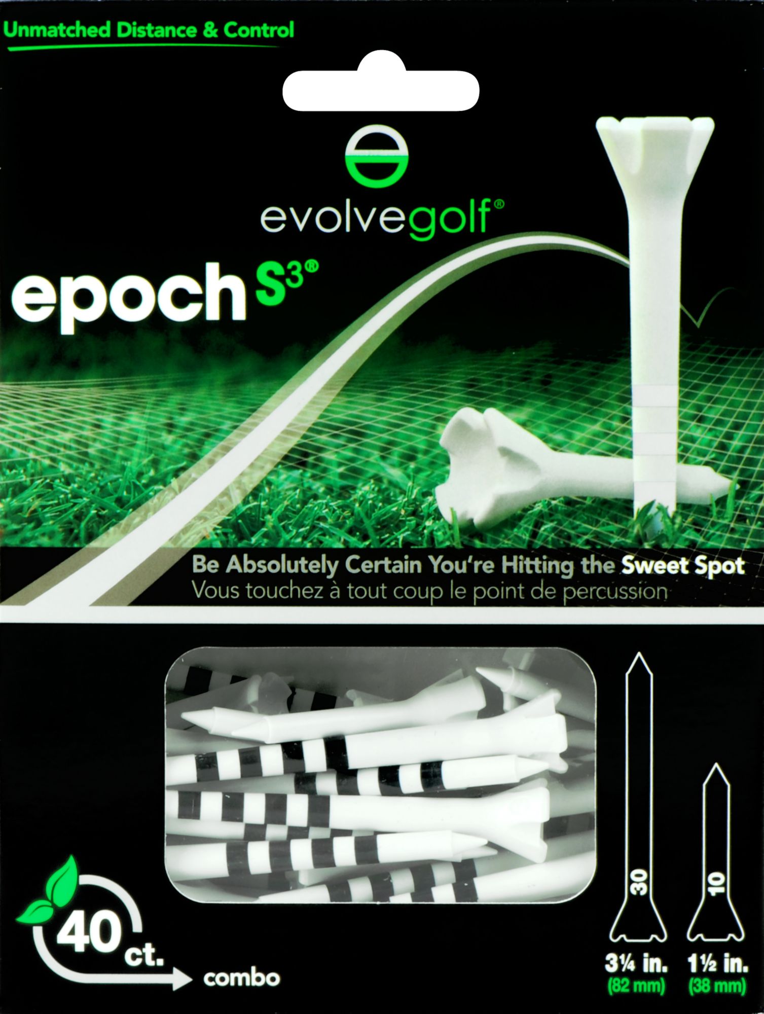 Evolve Golf Epoch S3 Combo Pack 1 1/2" & 3 1/4" White/Black Golf Tees - 40 Count