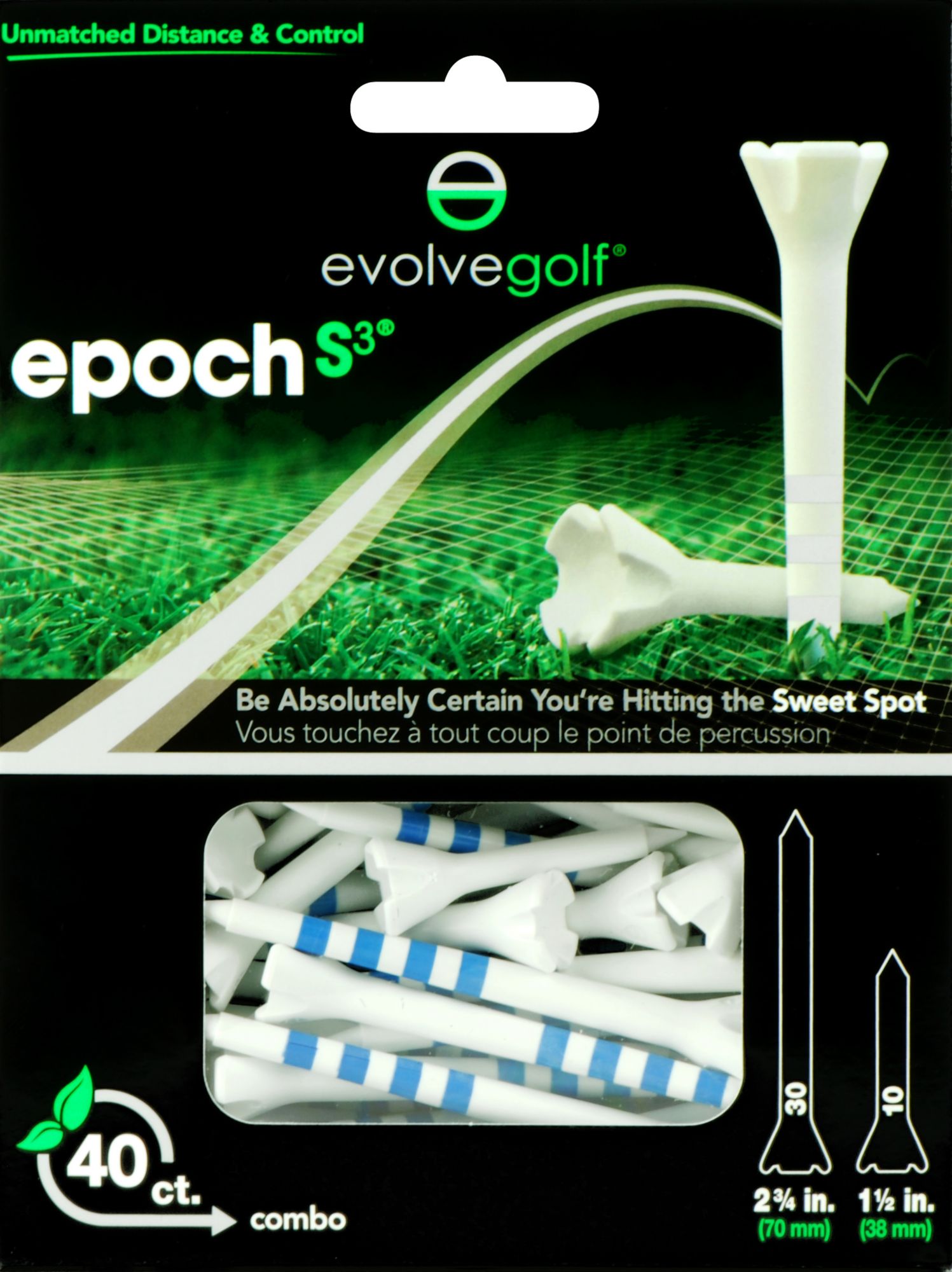 Evolve Golf Epoch S3 Combo Pack 1 1/2" & 2 3/4" White/Blue Golf Tees - 40 Count