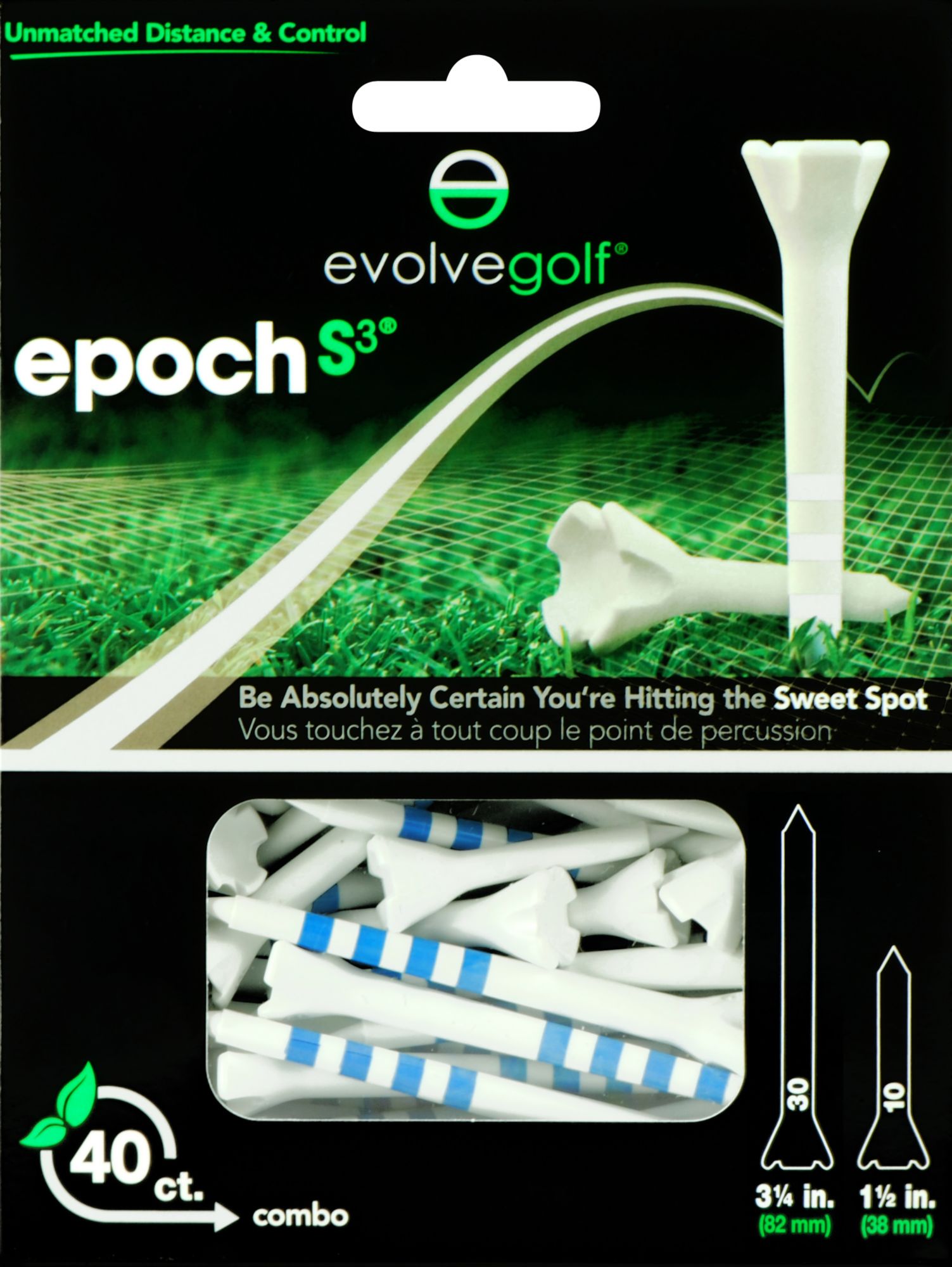 Evolve Golf Epoch S3 Combo Pack 1 1/2" & 3 1/4" White/Blue Golf Tees - 40 Count