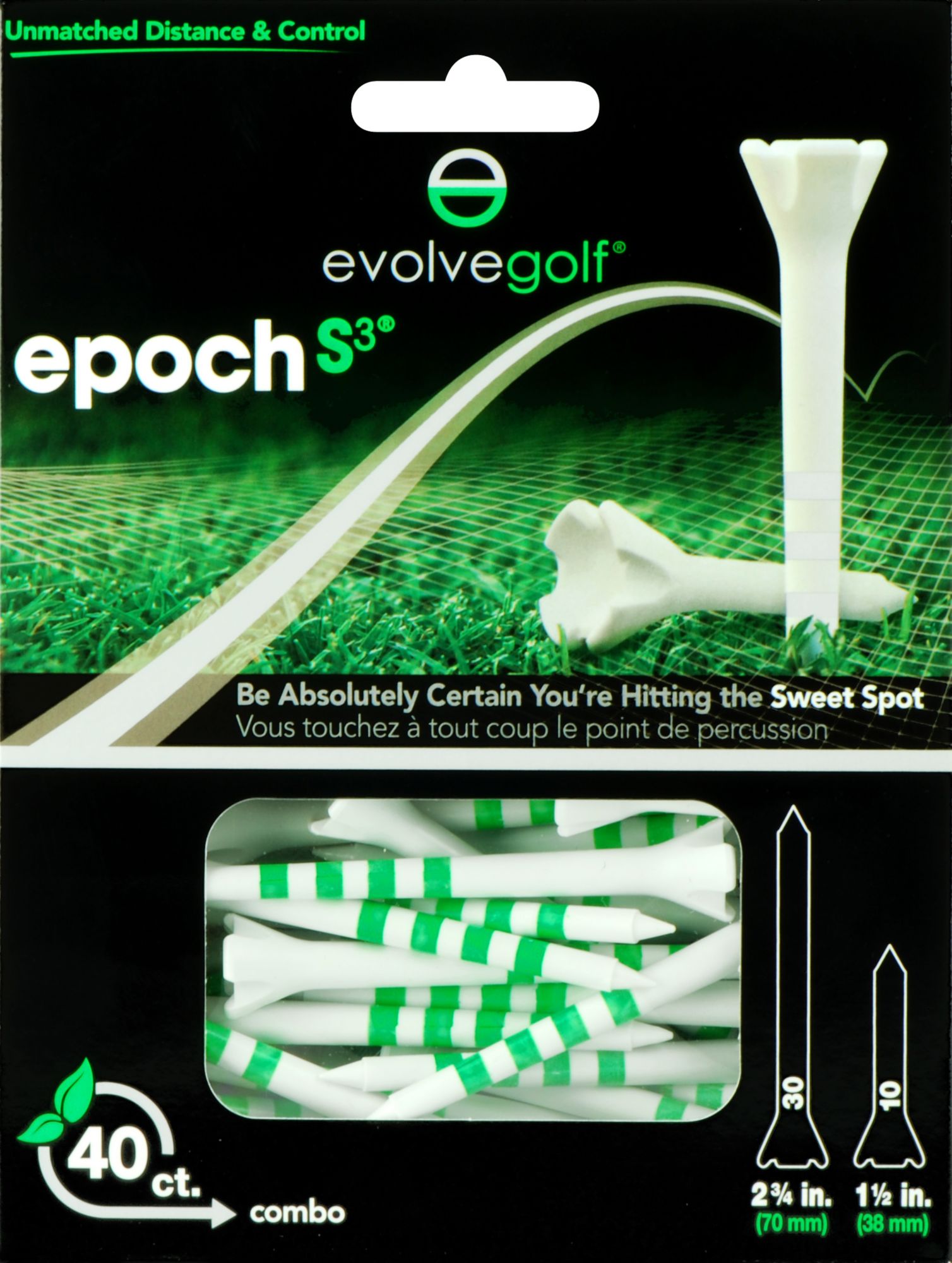 Evolve Golf Epoch S3 Combo Pack 1 1/2" & 2 3/4" White/Green Golf Tees - 40 Count