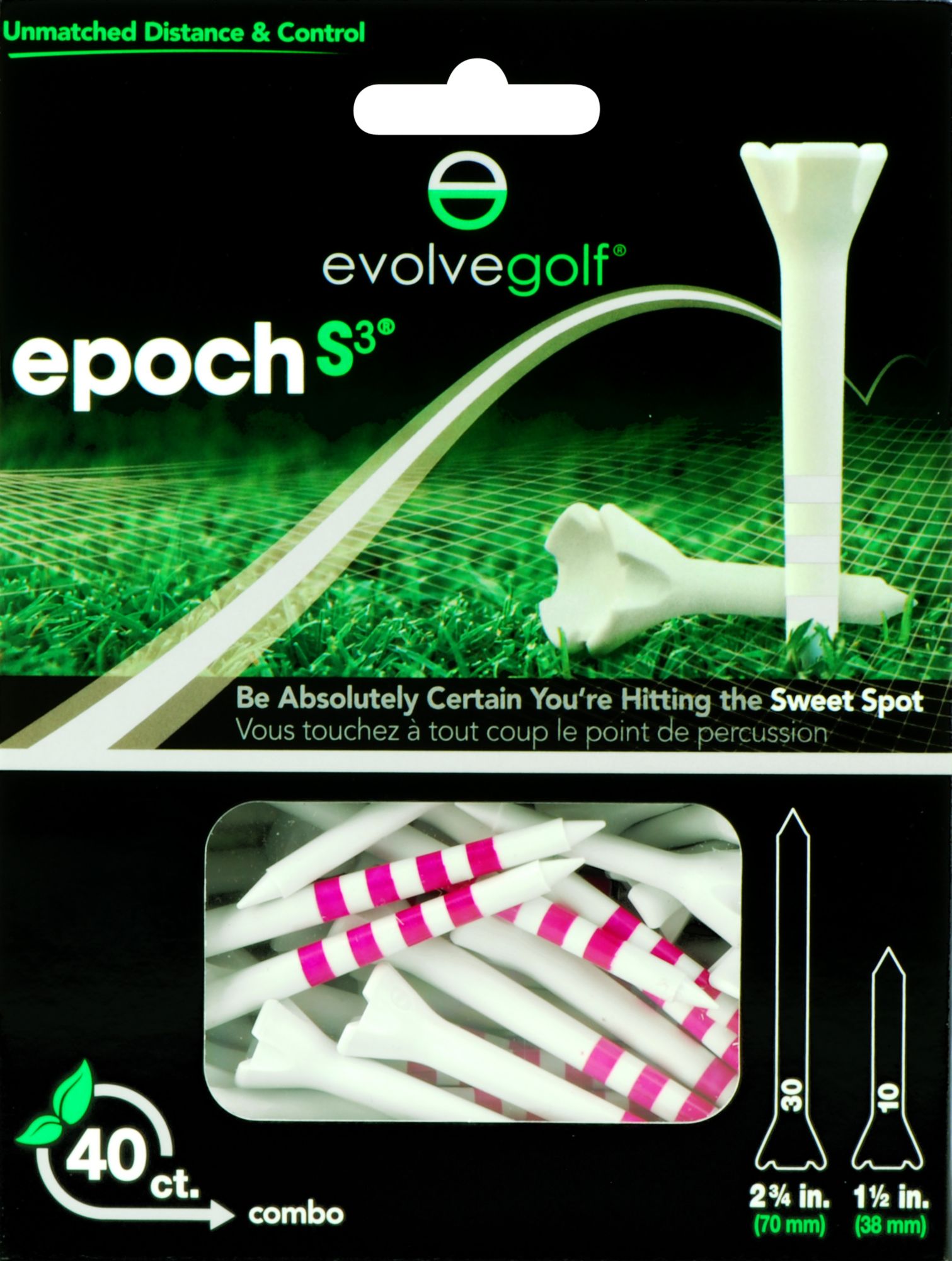 Evolve Golf Epoch S3 Combo Pack 1 1/2" & 2 3/4" White/Pink Golf Tees - 40 Count