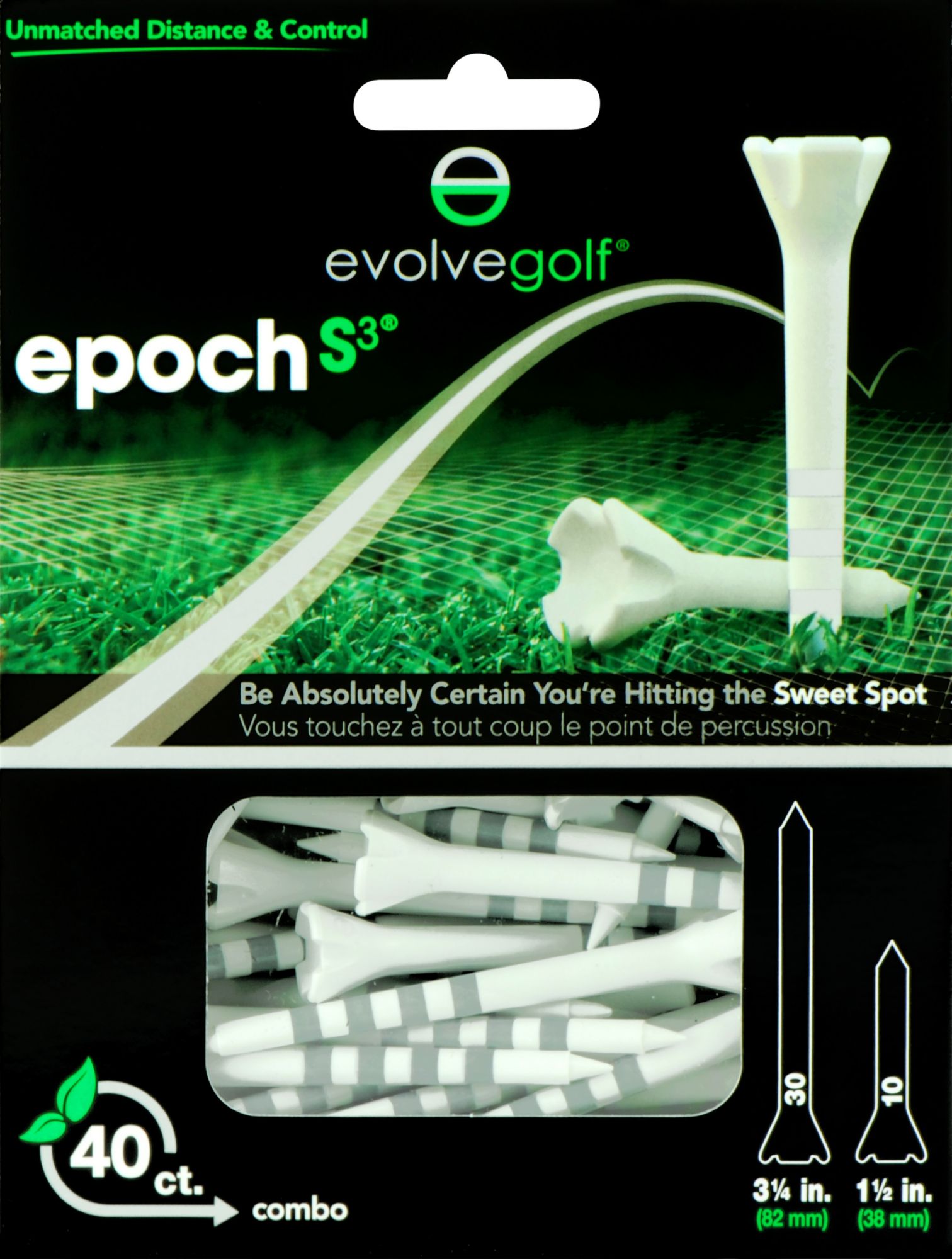 Evolve Golf Epoch S3 Combo Pack 1 1/2" & 3 1/4" White/Silver Golf Tees - 40 Count