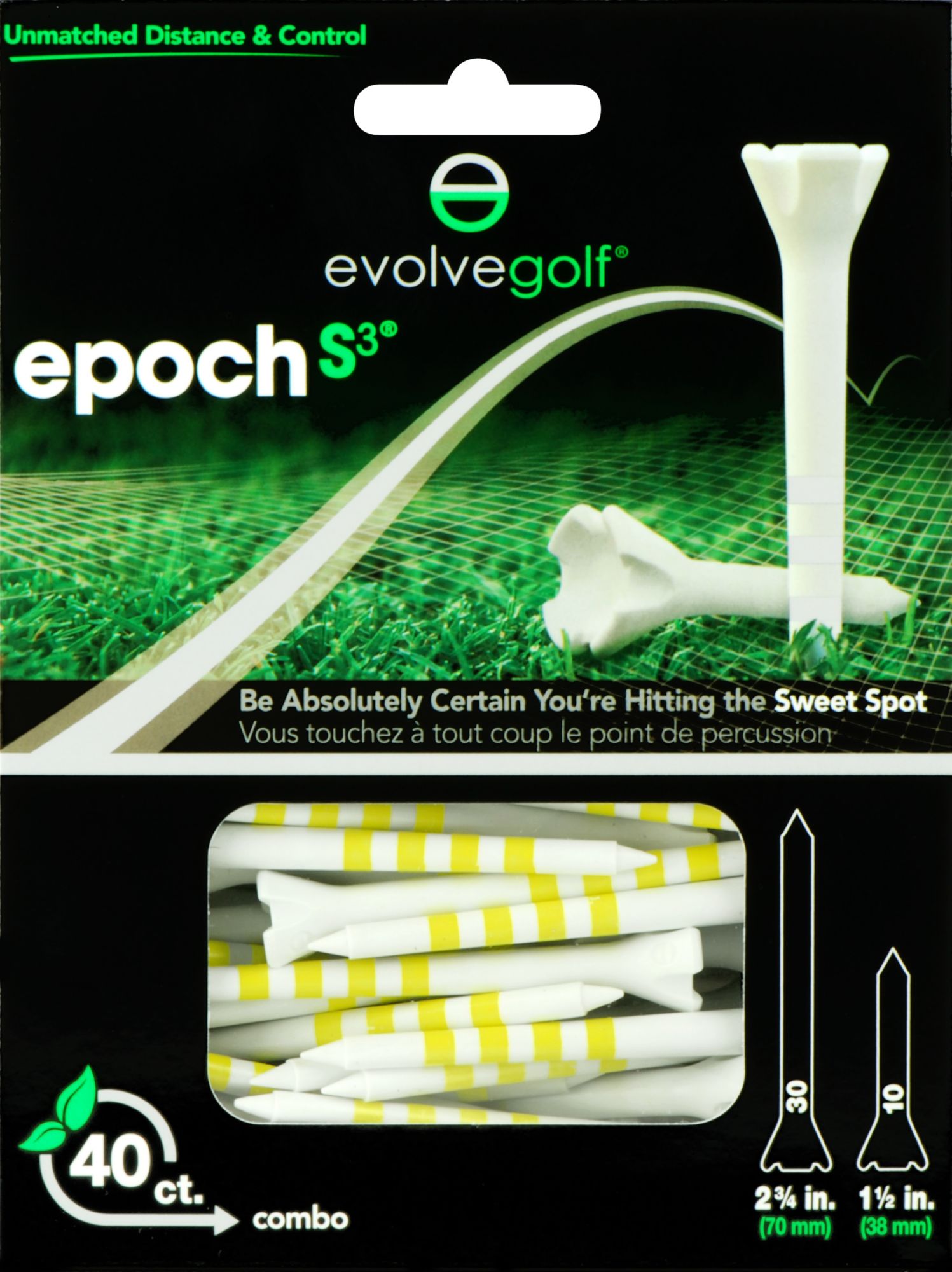 Evolve Golf Epoch S3 Combo Pack 1 1/2" & 2 3/4" White/Yellow Golf Tees - 40 Count