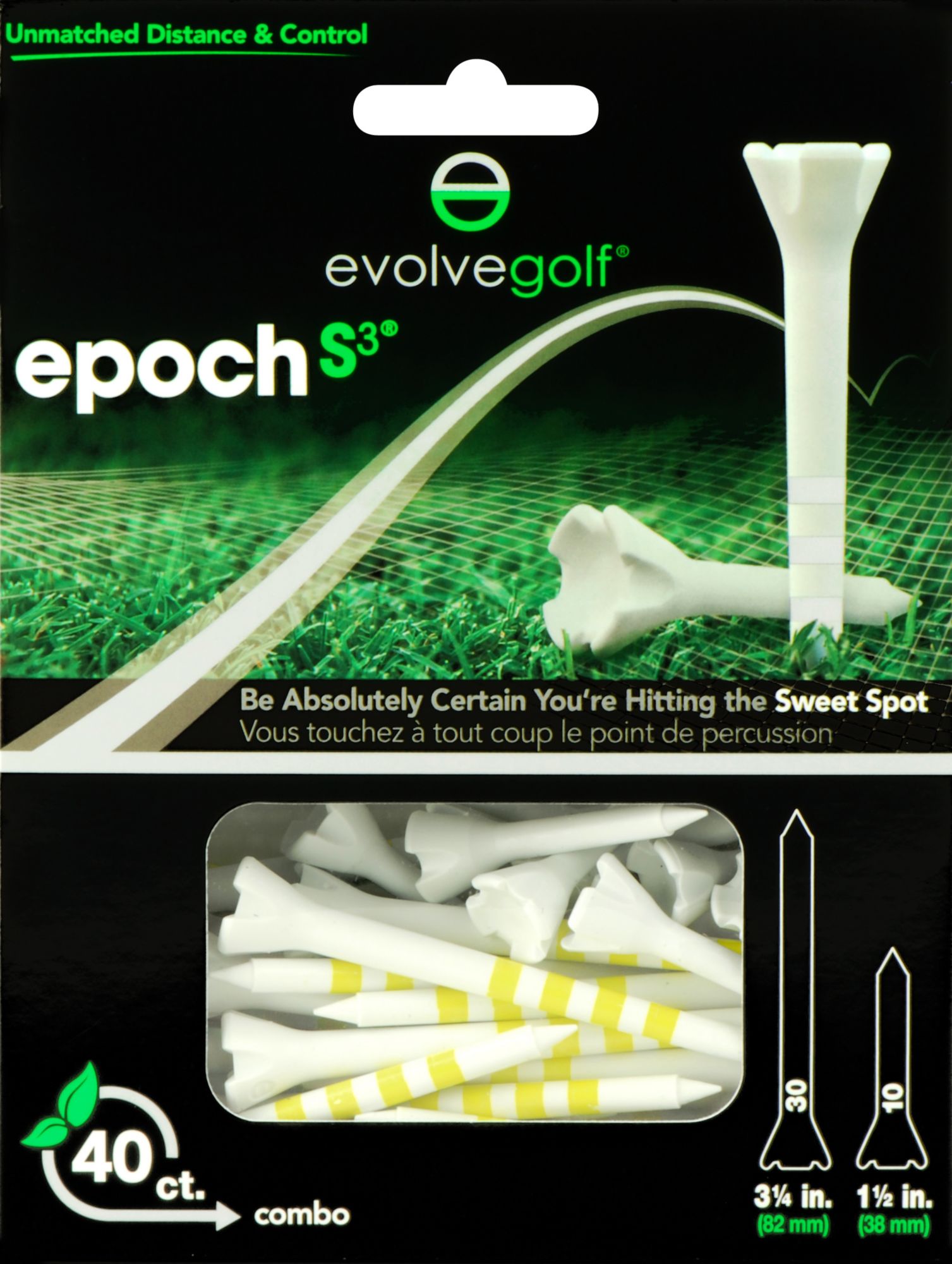 Evolve Golf Epoch S3 Combo Pack 1 1/2" & 3 1/4" White/Yellow Golf Tees - 40 Count