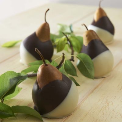 Hand-Dipped Chocolate Pears - Dark Chocolate with White Chocolate, candy apples, caramel apple, chocolate dipped strawberry, chocolate dipped fruit