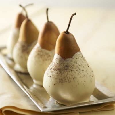 Hand-Dipped Chocolate Pears - White Chocolate & Cookie Crumbs, candy apples, caramel apple, chocolate dipped strawberry, chocolate dipped fruit