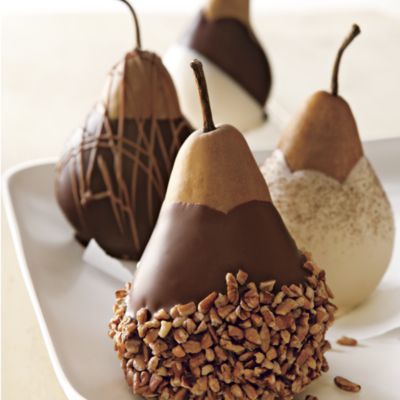 Hand-Dipped Chocolate Pears Assortment, candy apples, caramel apple, chocolate dipped strawberry, chocolate dipped fruit