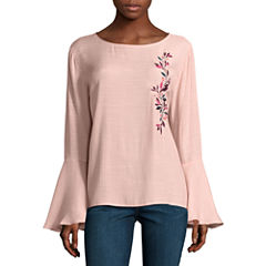 St. John's Bay Long Sleeve Round Neck Woven Floral Blouse-Talls