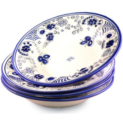 Set of 4 Shallow Pasta Bowls - Blue 'Flor' Design