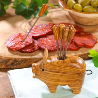 Olive Wood Pig with Appetizer Forks