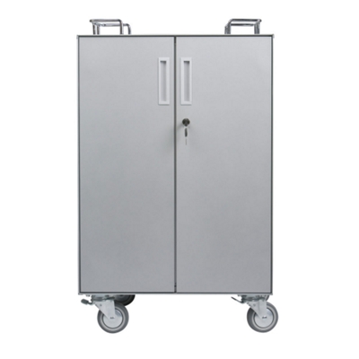 Split front doors lock and feature a storage bin on the inside of each door to store materials and cords.