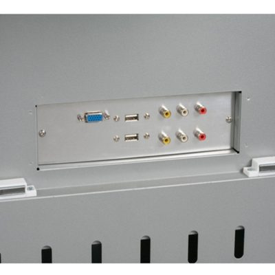 Close-up of the VGA port, USB ports, and AV input/output ports located under one folding side shelf.
