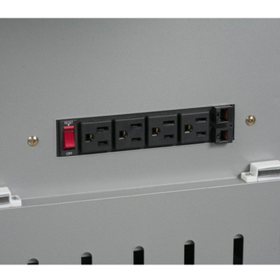 Four-outlet and two-jack electrical assembly located under one folding side shelf.