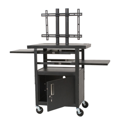 Two hideaway shelves constructed of 18-guage steel add further flexibility for a laptop or projector and are stored out of sight when not in use.