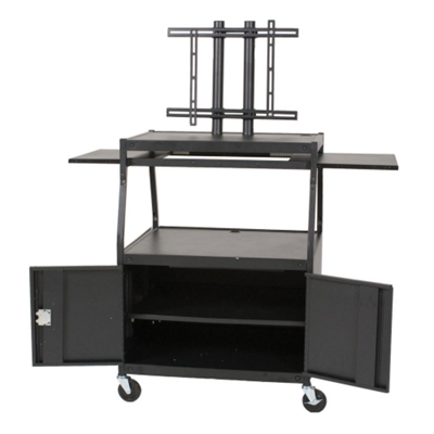 Two hideaway shelves add further flexibility for a laptop or multimedia projector and are stored under the shelf and out of sight when not in use. Secure your components in the spacious locking storage area.
