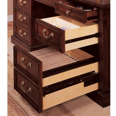Each pedestal has one utility drawer, one utility drawer with removable dividers, and one file drawer.