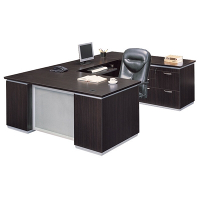 DMI Executive U Desk with Right Bridge Ready to Assemble Walnut Laminate/Frosted Glass Modesty Panel/Silver Accents and Base (14222 2)