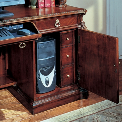 Credenzas right pedestal features a felt-lined box drawer with pencil tray and a 10W x 21D x 19-1/4H computer cabinet with three CD/storage drawers.
