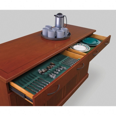 Close-up view of storage drawers open