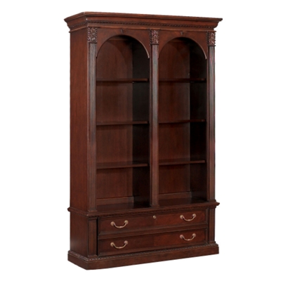 Double Bookcase with Lateral File features six adjustable shelves and can accommodate both letter or legal size hanging files.