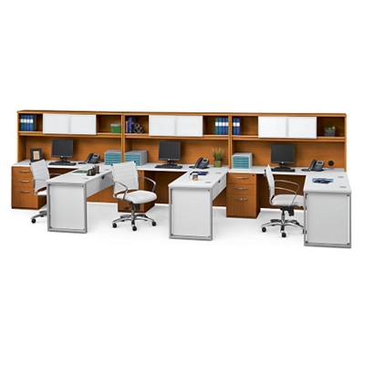 DMI Set of Three LDesks with Hutches White Laminate Top Modesty Panel/Mahogany Laminate Base, File Hutch/Aluminum White Glass Frame (86024 6)