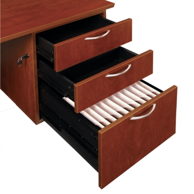 Storage pedestals have pencil trays in top box drawer.