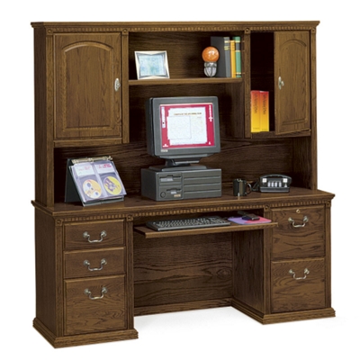 Traditional Oak Computer Credenza with Hutch, 15389