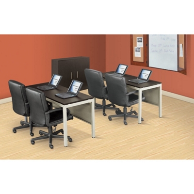 Two 60"W x 24"D Tables with Four Leather Chairs & Wood Door Storage Cabinet, CD04973