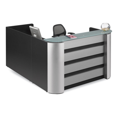 Reception L-Desk with Aluminum Accents and Glass Top, 15994