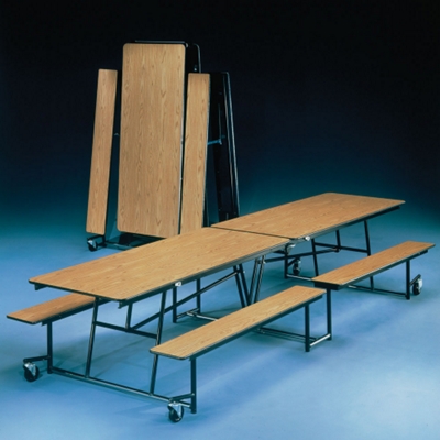 Tables fold and roll away.
