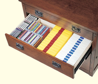 Top two drawers have adjustable, removable dividers-center drawer holds CDs, DVDs, VHSs.