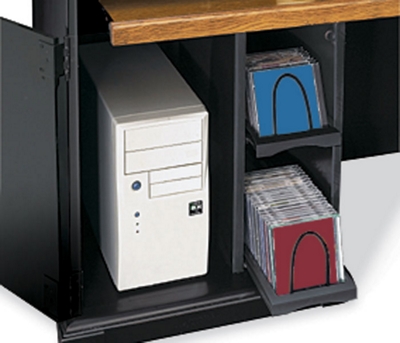 CPU compartment including pull-out media trays, surge protection and power management. Wire access to desktop.