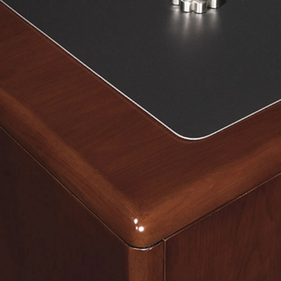Deskpads or glass recommended for protection of wood veneer surfaces.