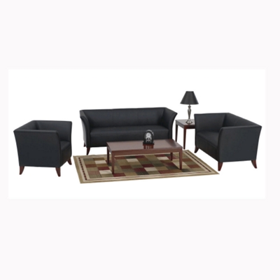 Room scene shown in Black Leather and Cherry Finish
