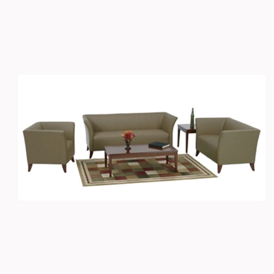 Room scene shown in Taupe Leather and Cherry Finish