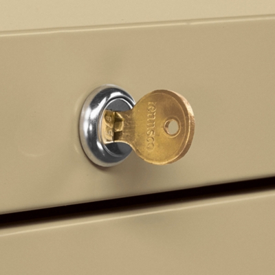 A single lock controls all drawers.