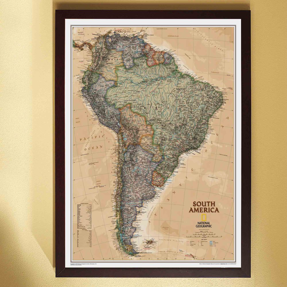 South America Political Map (Earth-toned), Framed