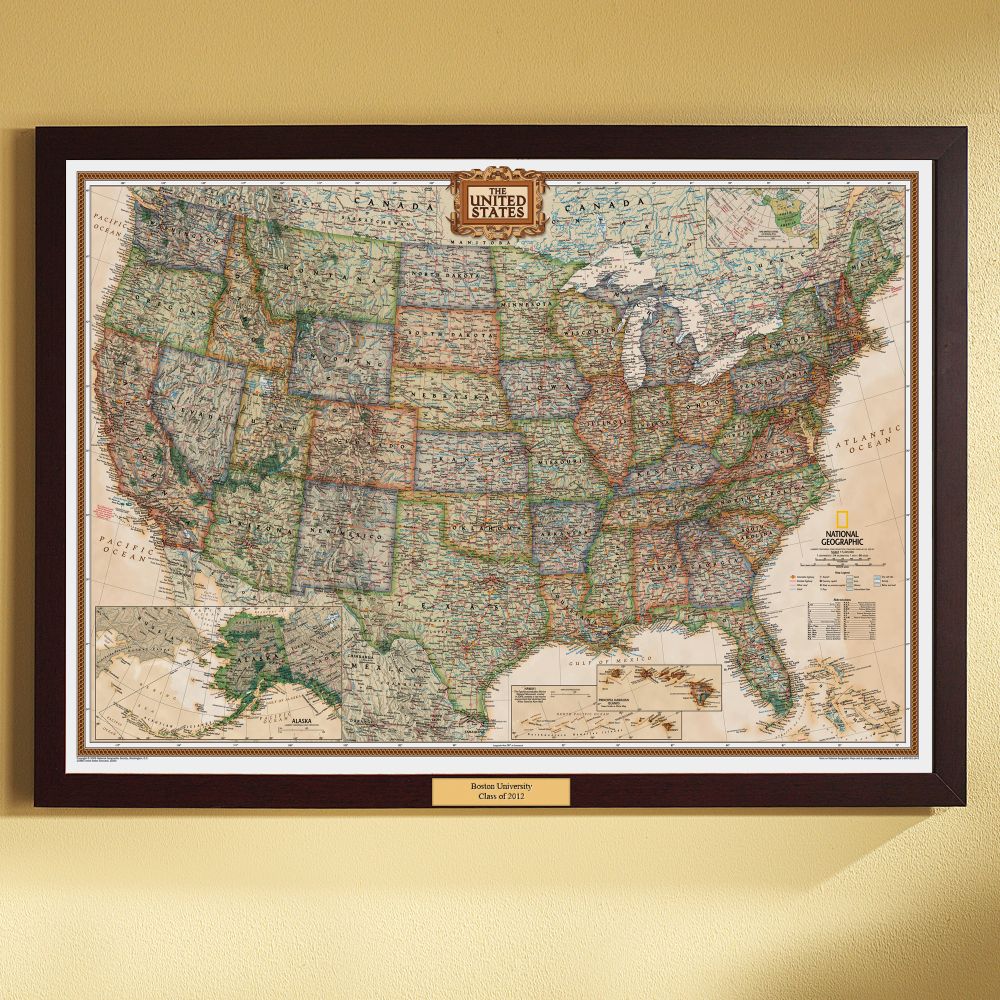 U.S. Political Map (Earth-toned), Poster Size and Framed with Personalized Plaque