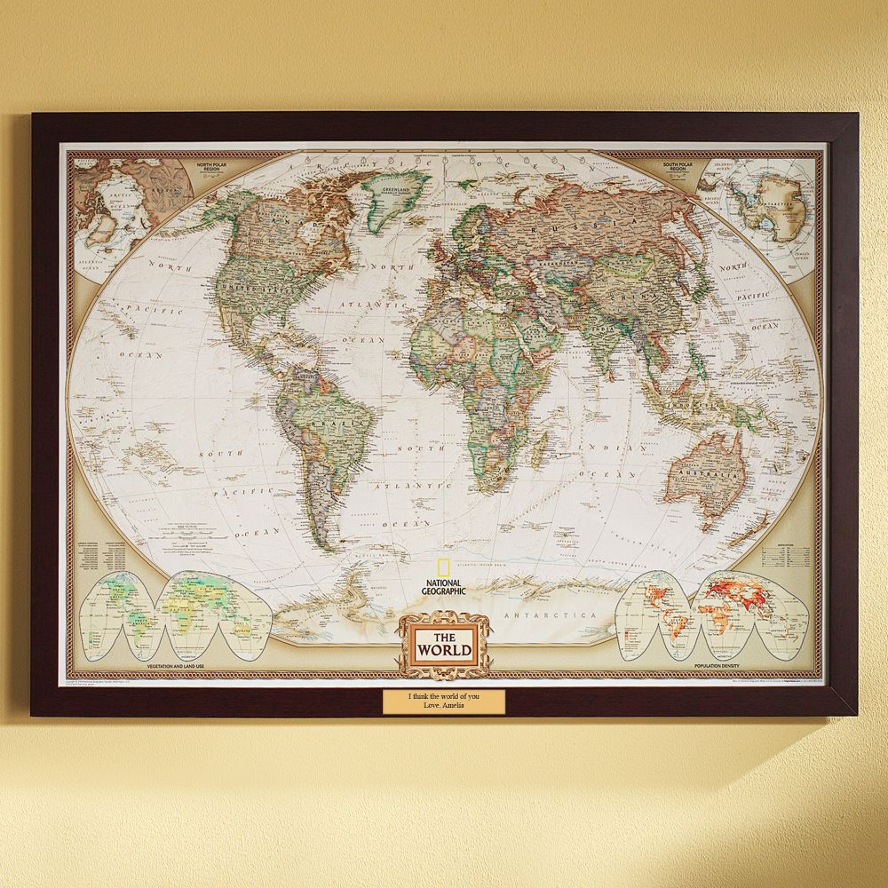 World Political Map (Earth-toned), Poster Size and Framed with Personalized Plaque